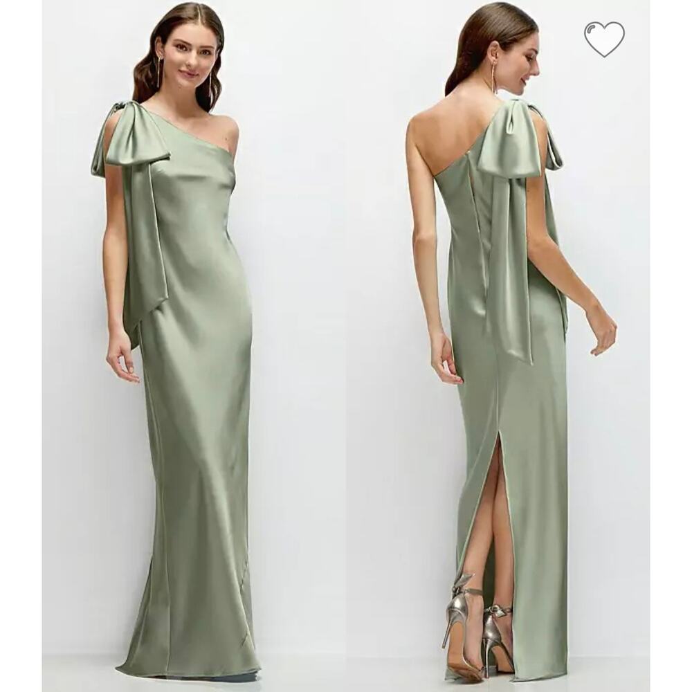 NWT After Six One Shoulder Bias Cut Satin Maxi Dress Sage Green Large - Picture 2 of 10
